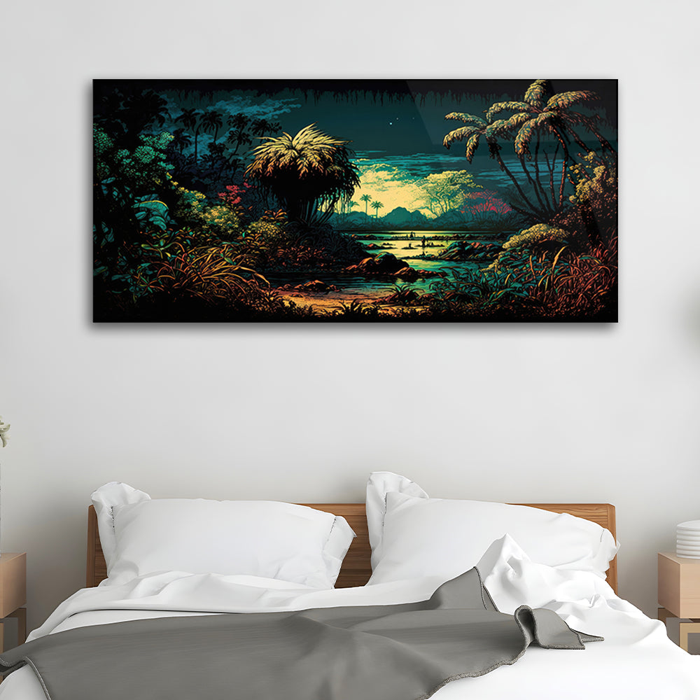 Vintage Jungle Dreams: Dark Tropical Sunset Glass Art