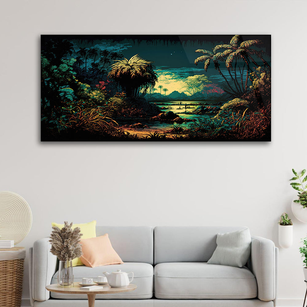 Vintage Jungle Dreams: Dark Tropical Sunset Glass Art