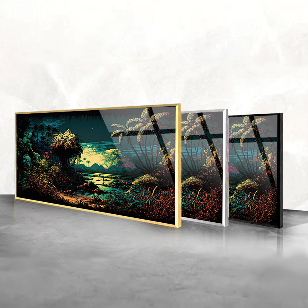 Vintage Jungle Dreams: Dark Tropical Sunset Glass Art