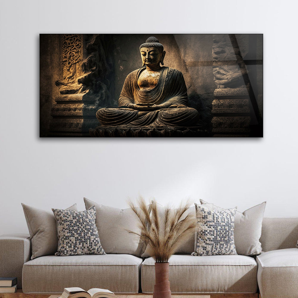 Riverbank Enlightenment: Tempered Glass Abstract Buddha Artistry