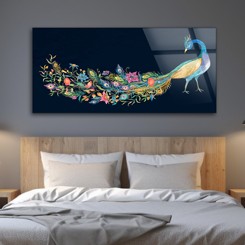 Peacock Reverie: Tempered Glass Watercolor Art