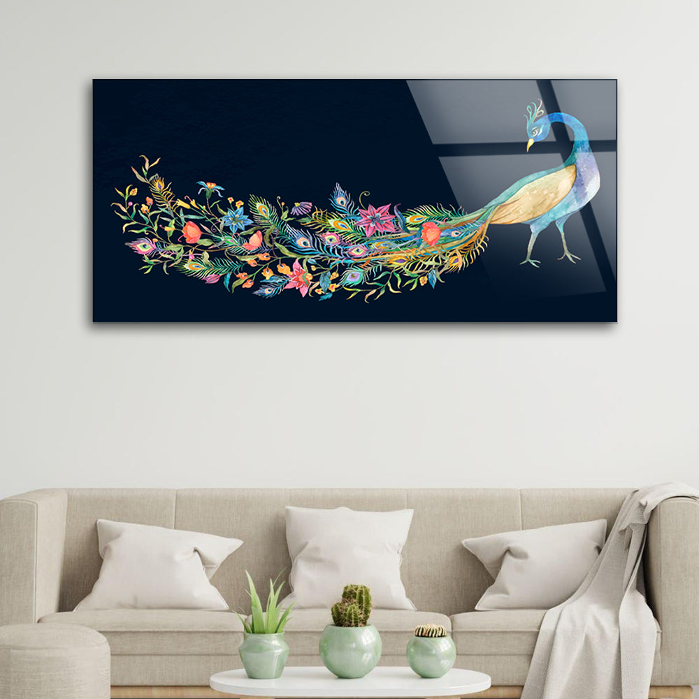 Peacock Reverie: Tempered Glass Watercolor Art