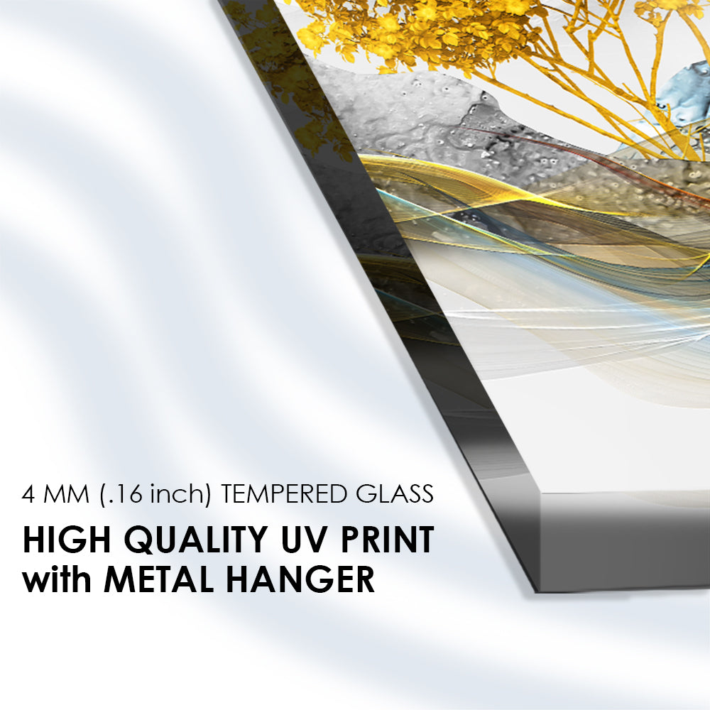 Golden Watercolor Elegance: Tempered Glass Artwork