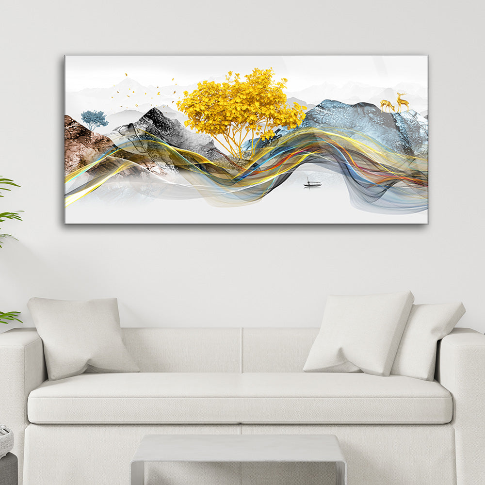 Golden Watercolor Elegance: Tempered Glass Artwork