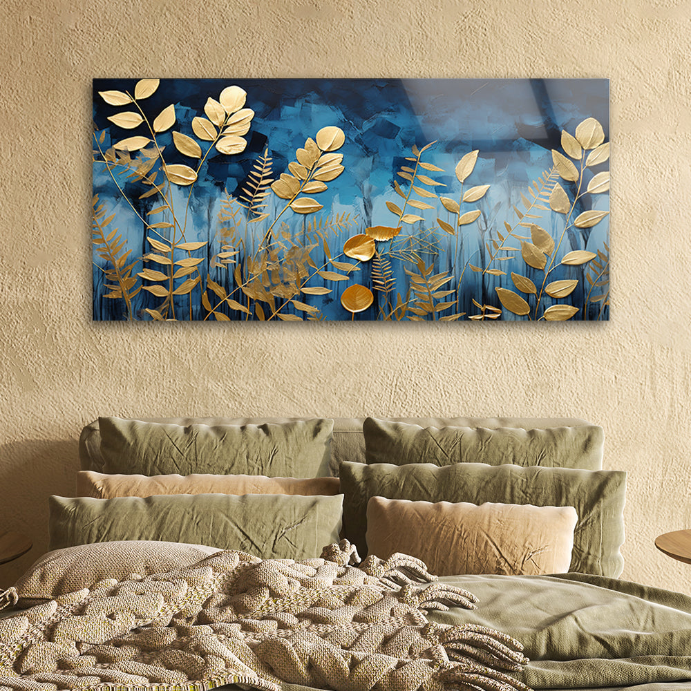 Gilded Foliage: Tempered Glass Abstract Art