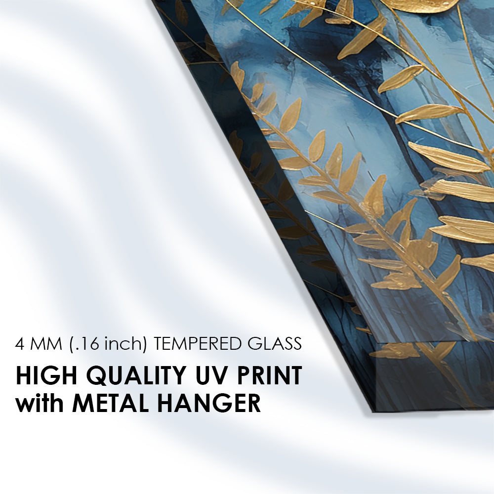Gilded Foliage: Tempered Glass Abstract Art