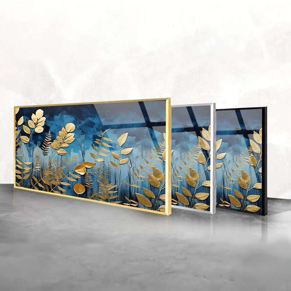 Gilded Foliage: Tempered Glass Abstract Art
