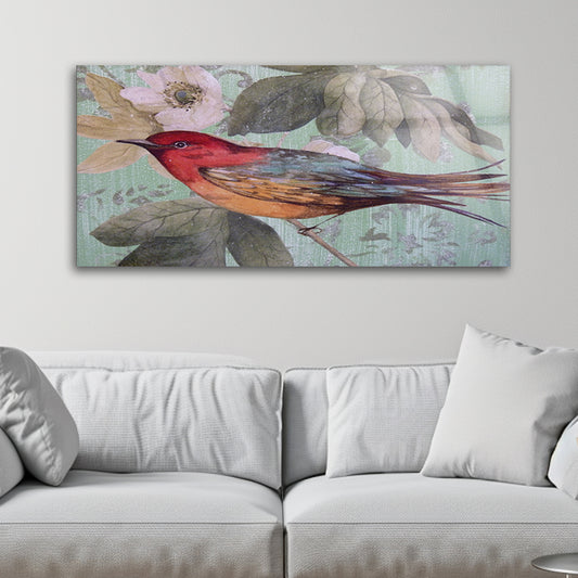 A painting of a closeup of a beautiful bird on a branch