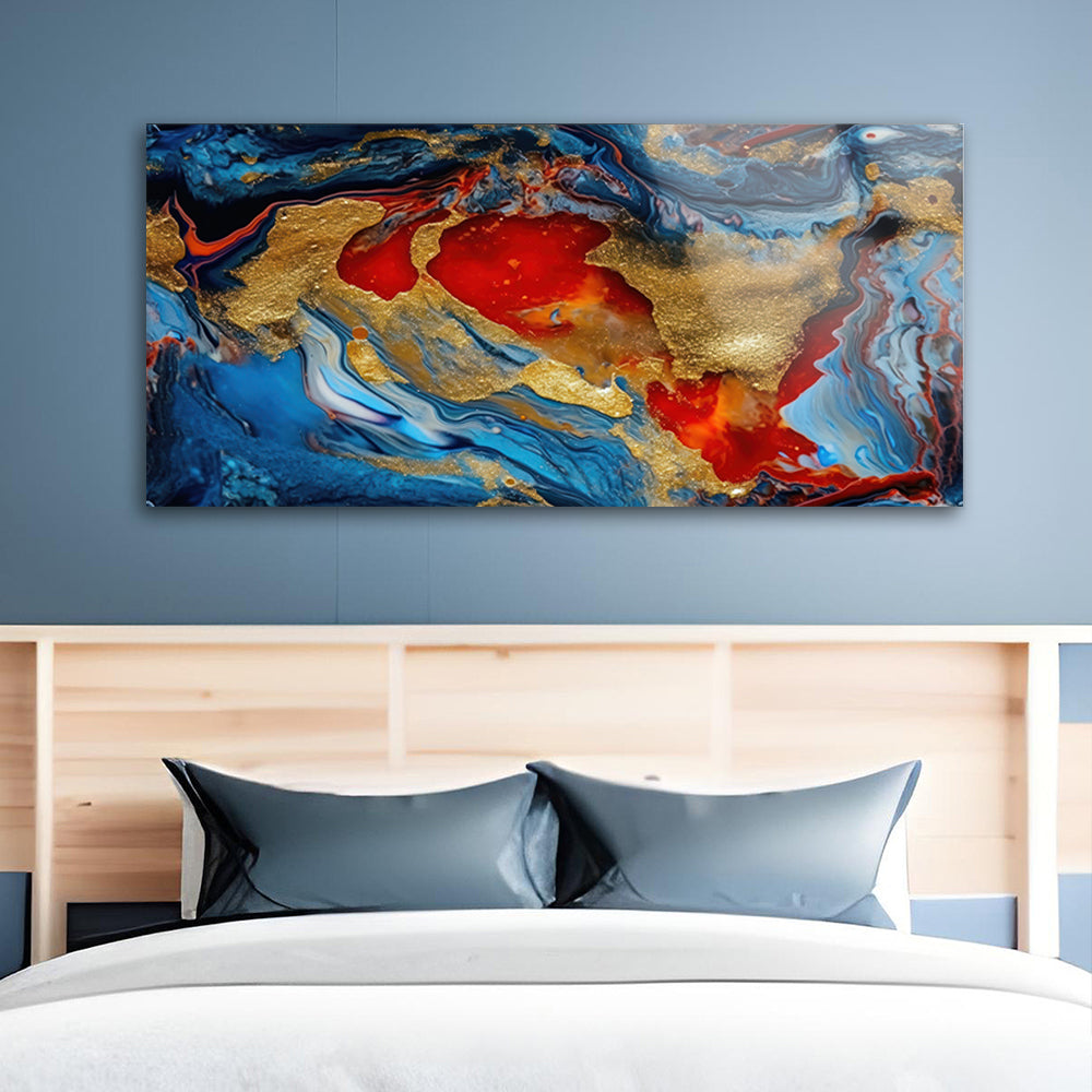 A colorful painting with gold and red paint