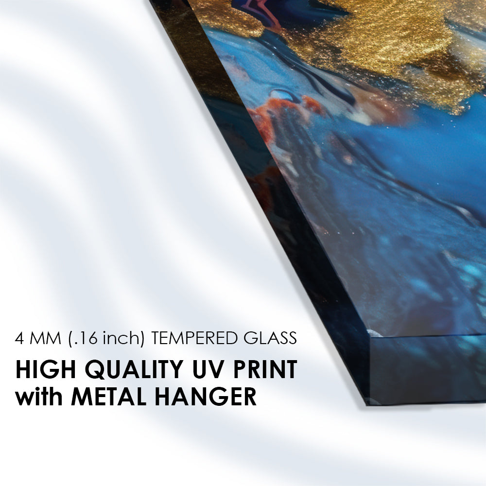 A colorful painting with gold and red paint