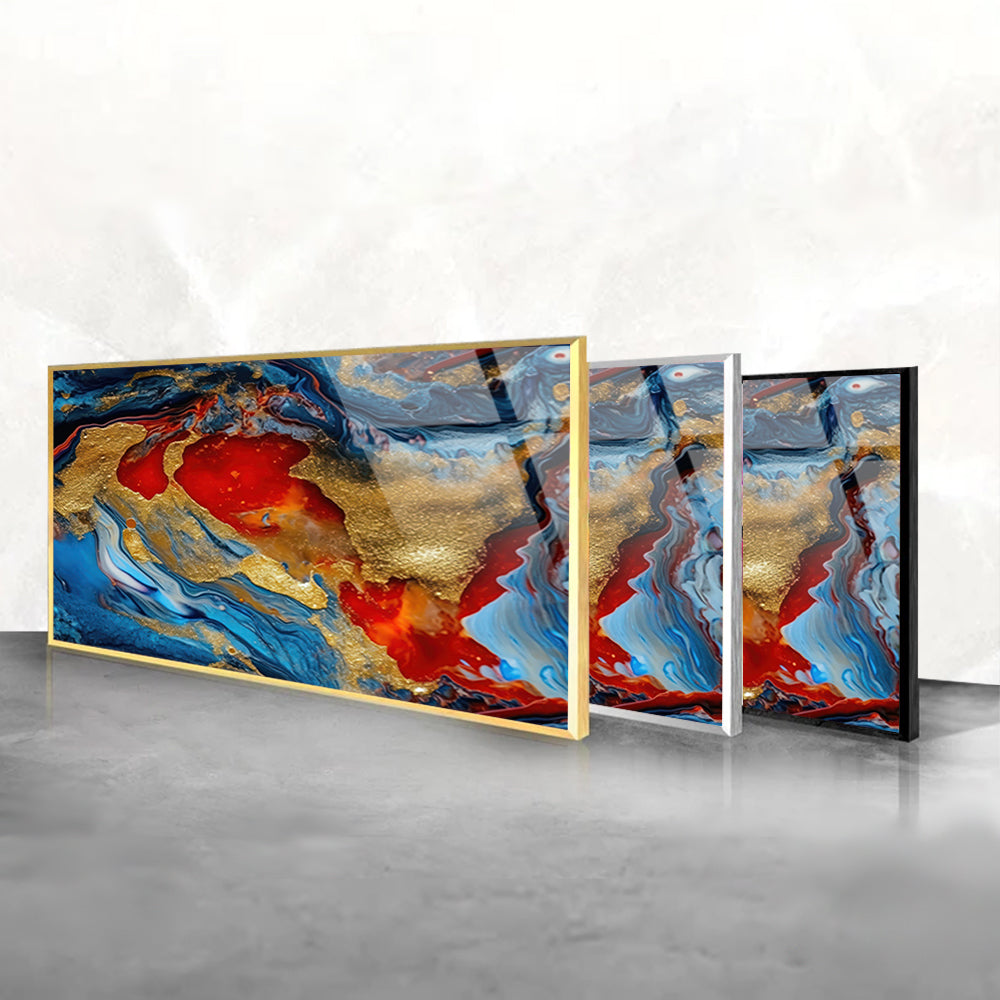 A colorful painting with gold and red paint