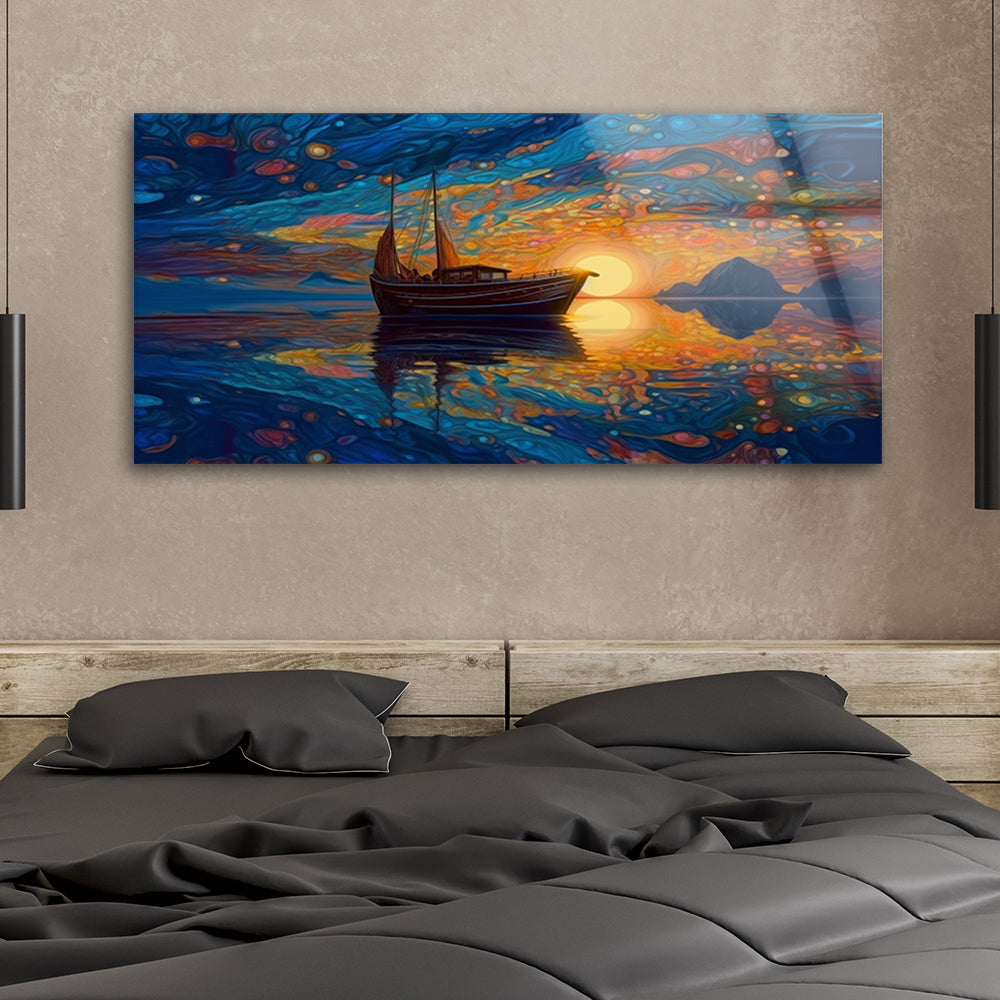 Sunset Serenity: Tempered Glass Boat Painting