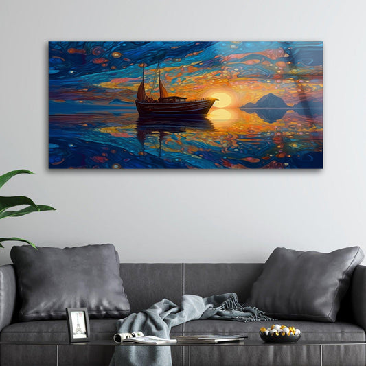 Sunset Serenity: Tempered Glass Boat Painting