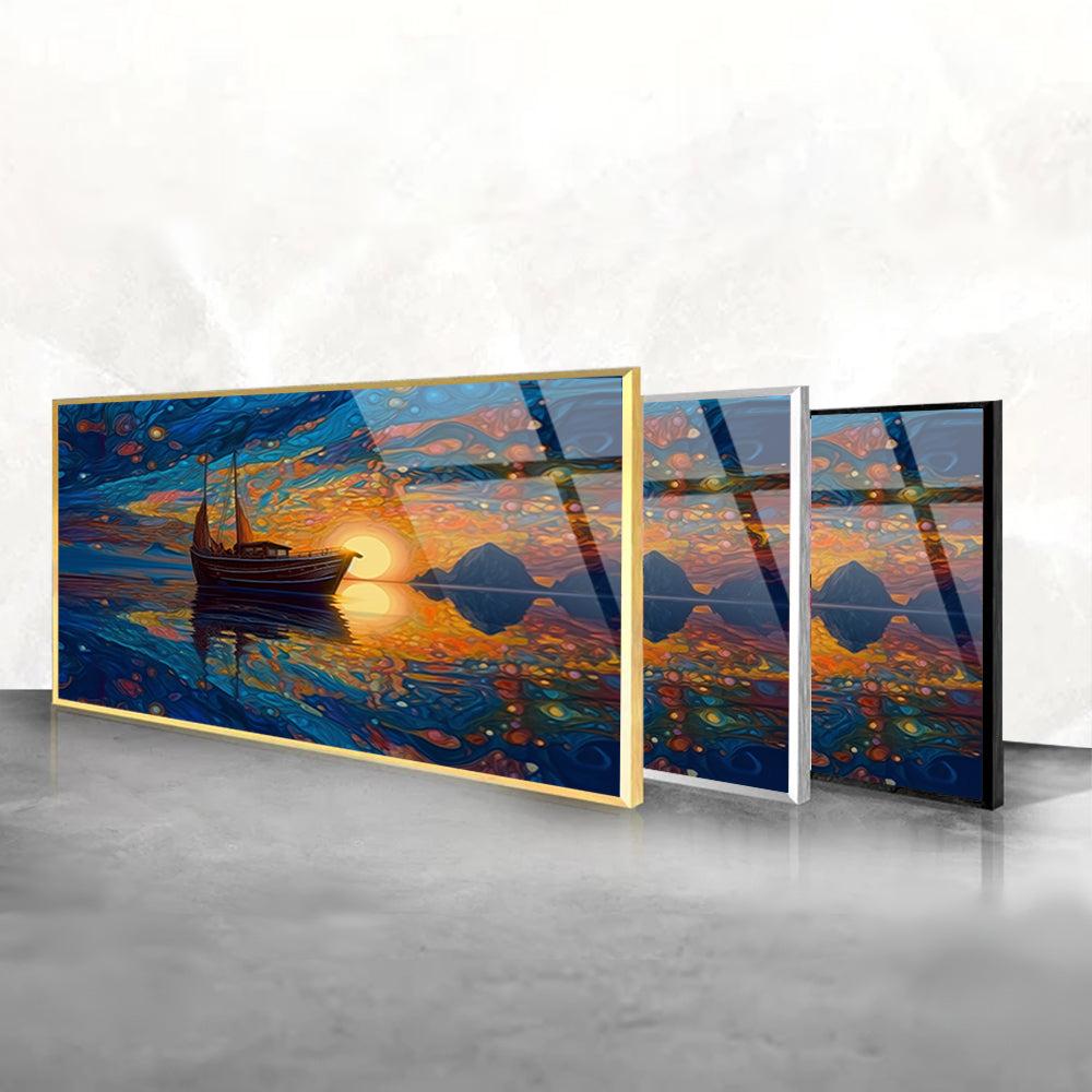 Sunset Serenity: Tempered Glass Boat Painting