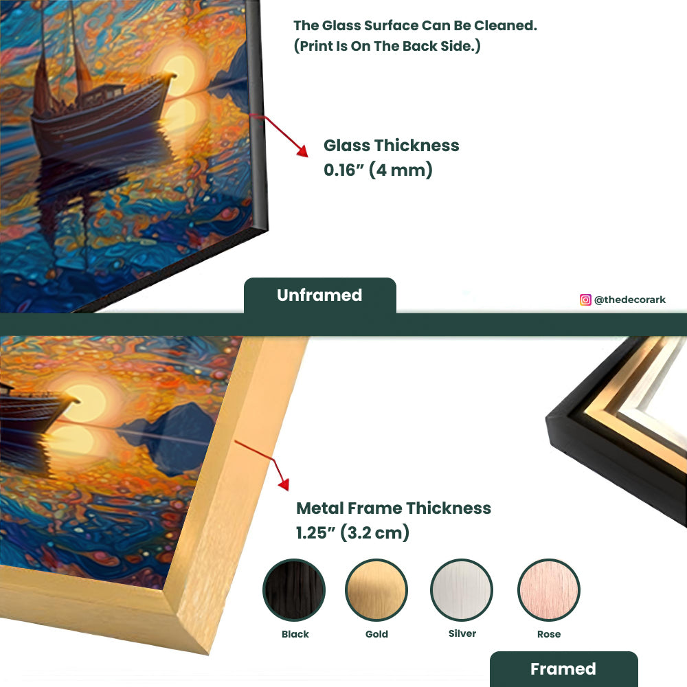Sunset Serenity: Tempered Glass Boat Painting