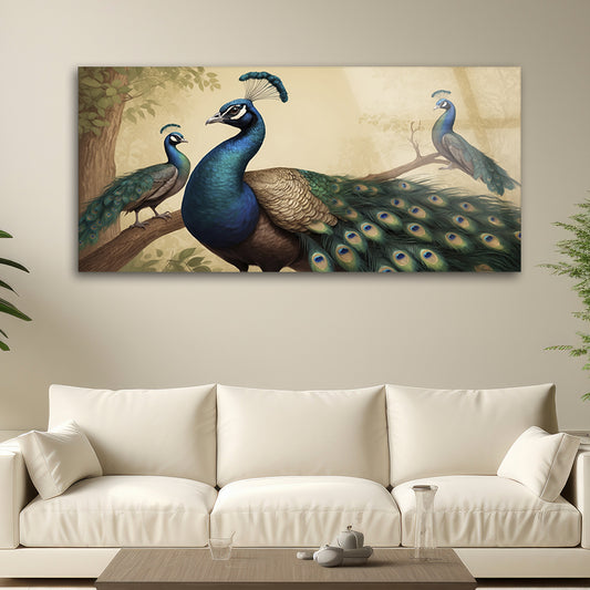 Perched Peacocks: Tempered Glass Bird Art
