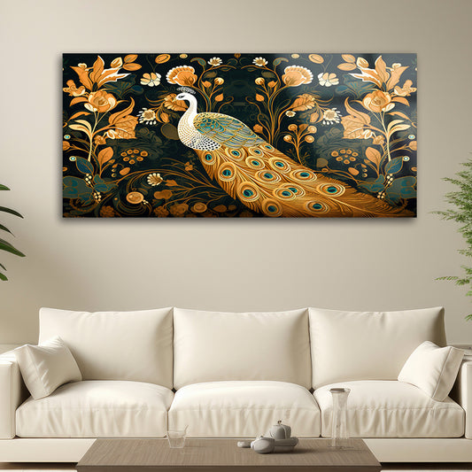 Luxurious Peacock Display: Tempered Glass Artwork