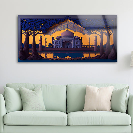 Taj Mahal Tranquility: Tempered Glass Architectural Art