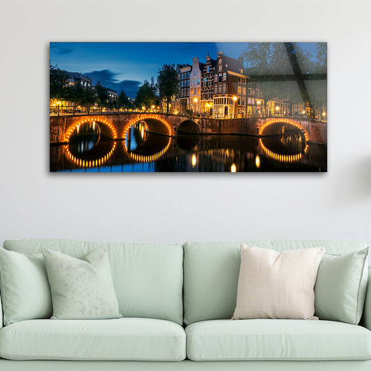Canal Serenity: Tempered Glass Amsterdam Bridges Art