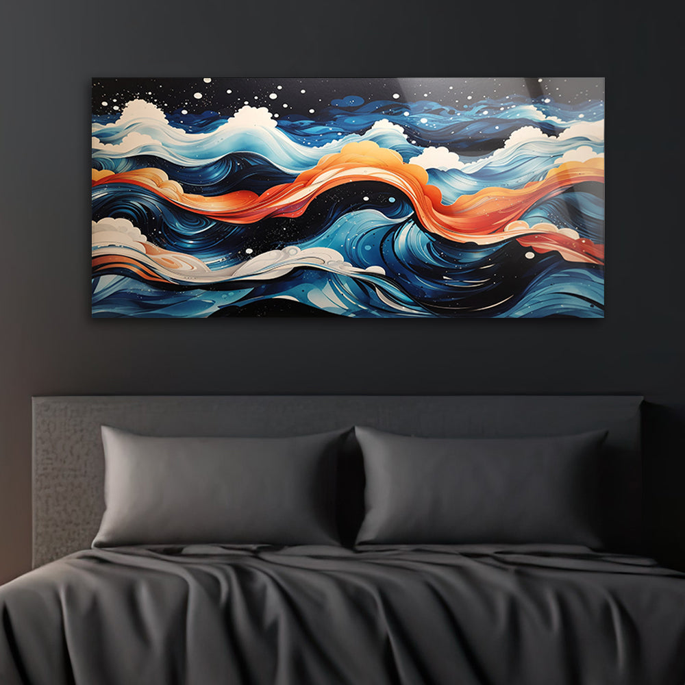 Night Sky Sea Waves: Tempered Glass Abstract Art