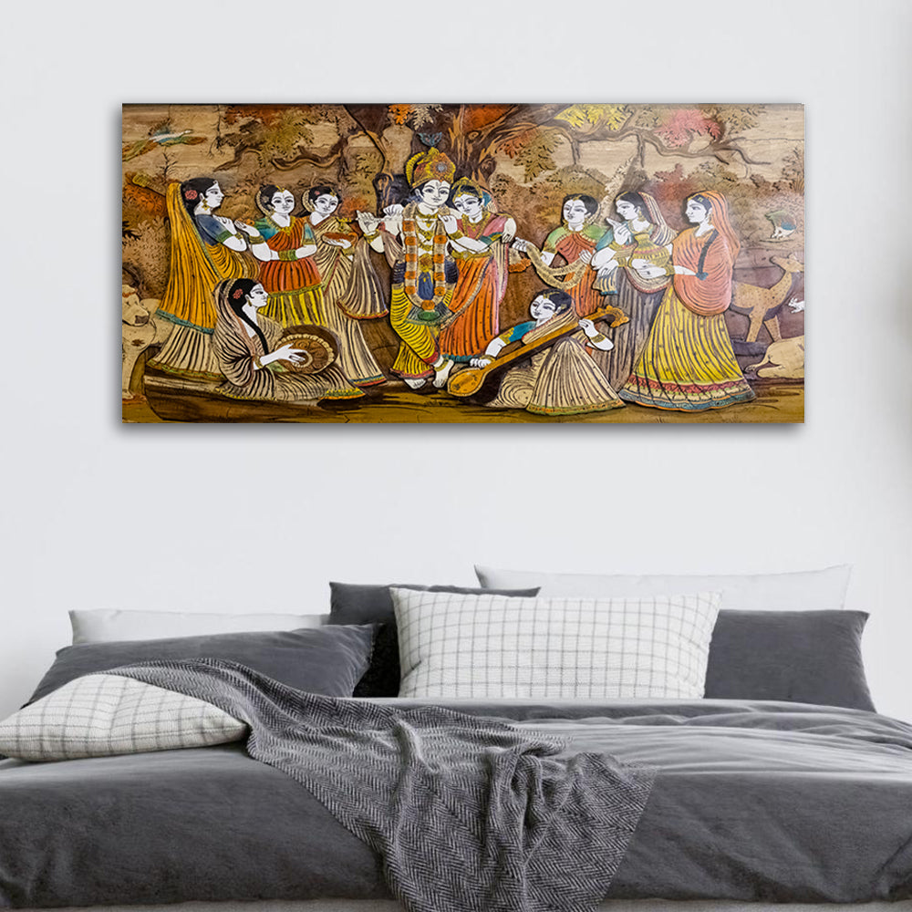 Lord Krishna and Radha with Gopis: Tempered Glass Artistic Painting