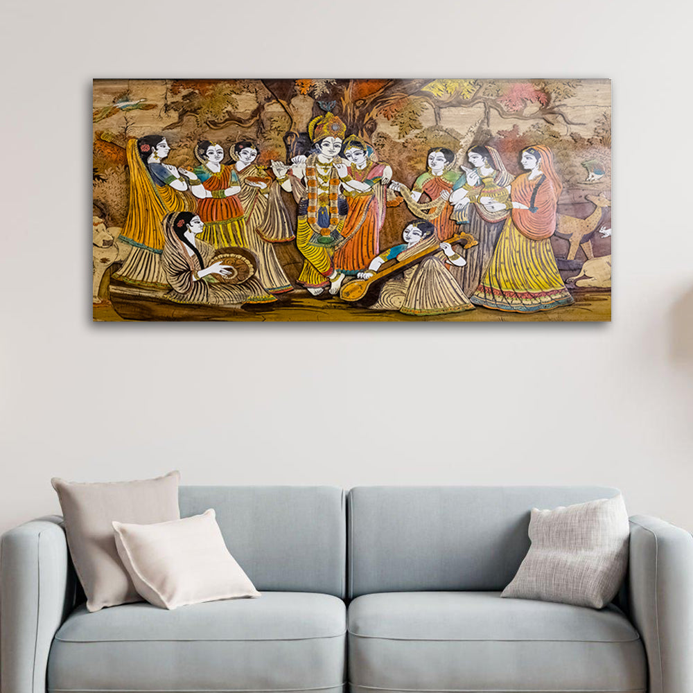 Lord Krishna and Radha with Gopis: Tempered Glass Artistic Painting