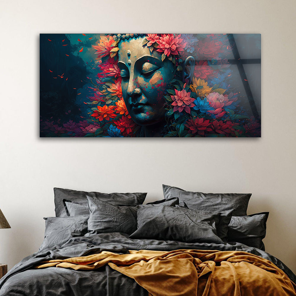 Buddha with Flowers Portrait: Tempered Glass Artistic Painting
