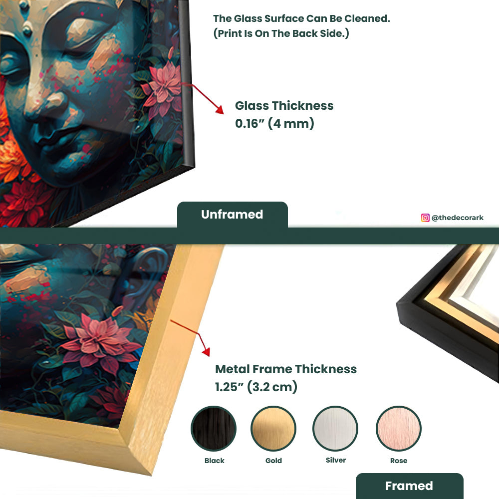 Buddha with Flowers Portrait: Tempered Glass Artistic Painting