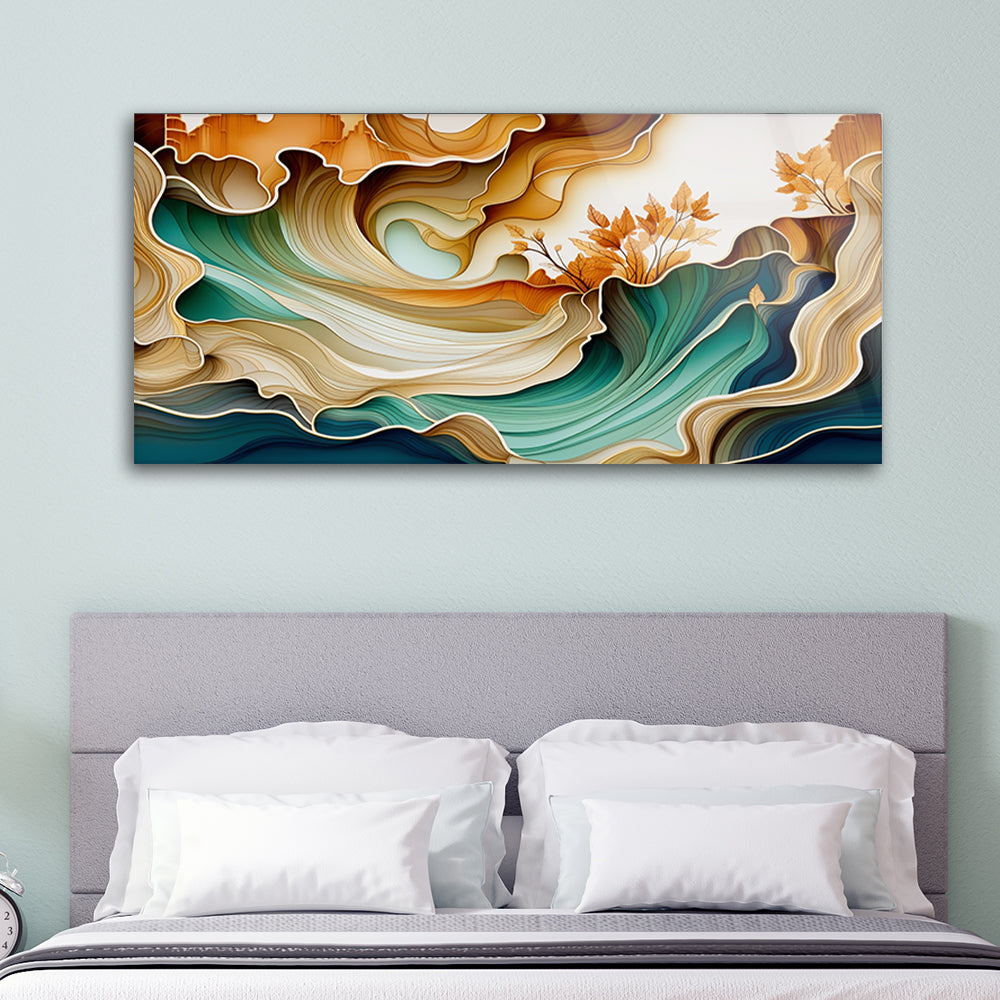 Marbles Wave with Flowers: Tempered Glass Artwork