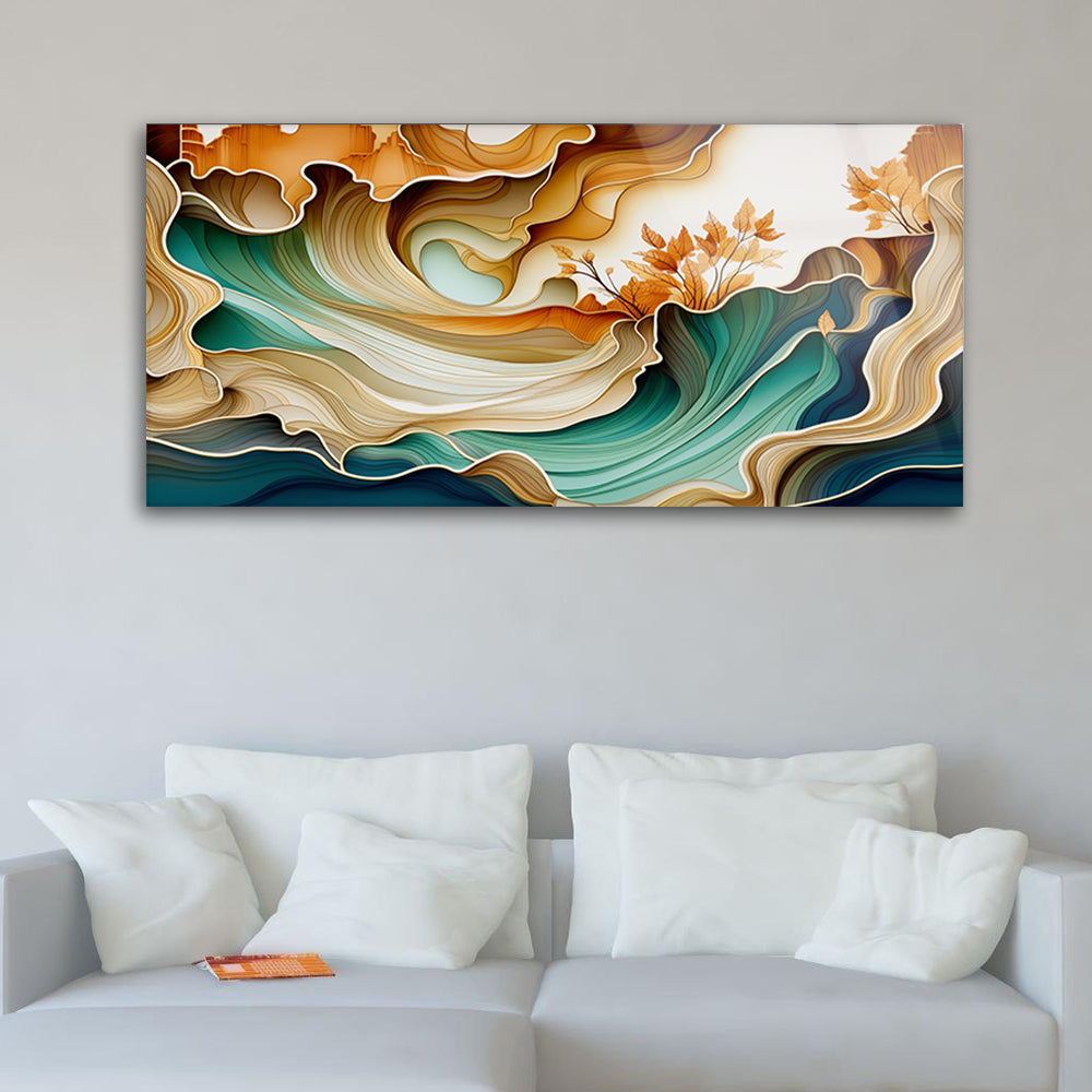 Marbles Wave with Flowers: Tempered Glass Artwork