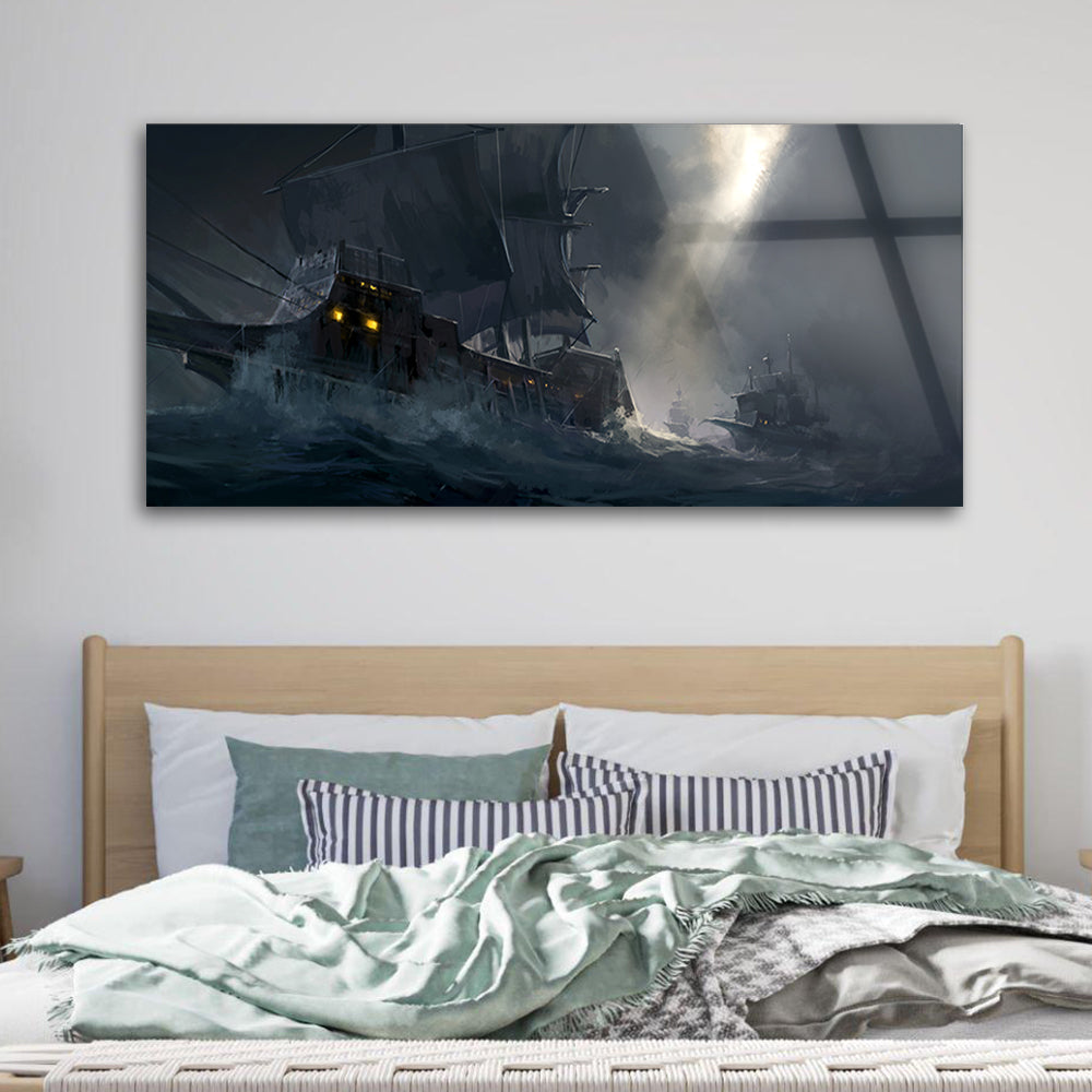 A painting of ancient warships traveling on rough seas artistic art