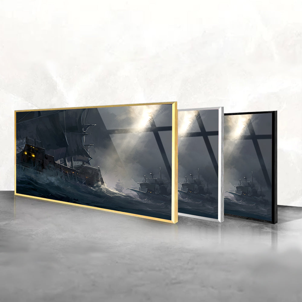 A painting of ancient warships traveling on rough seas artistic art