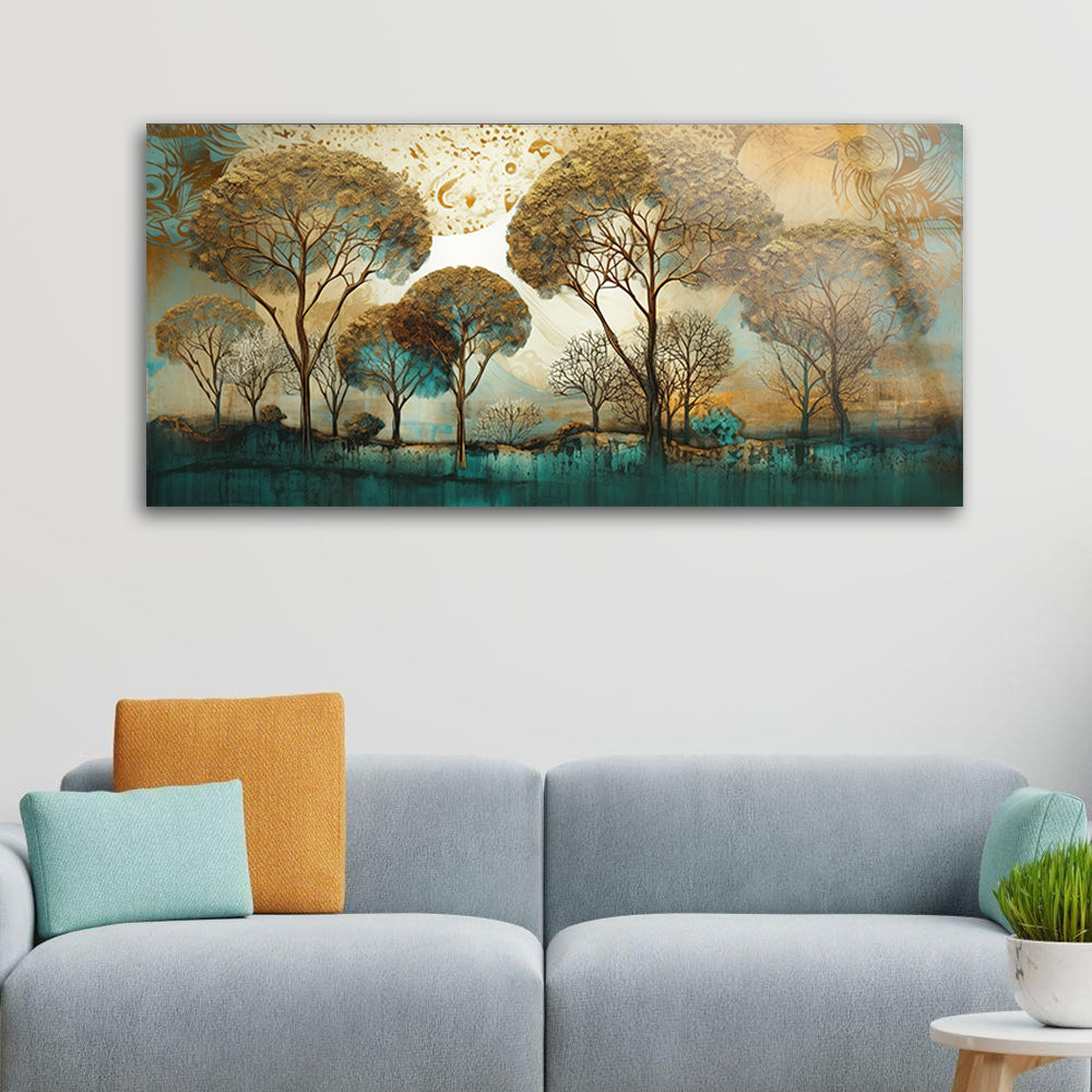A painting of trees with the sun shining artistic art