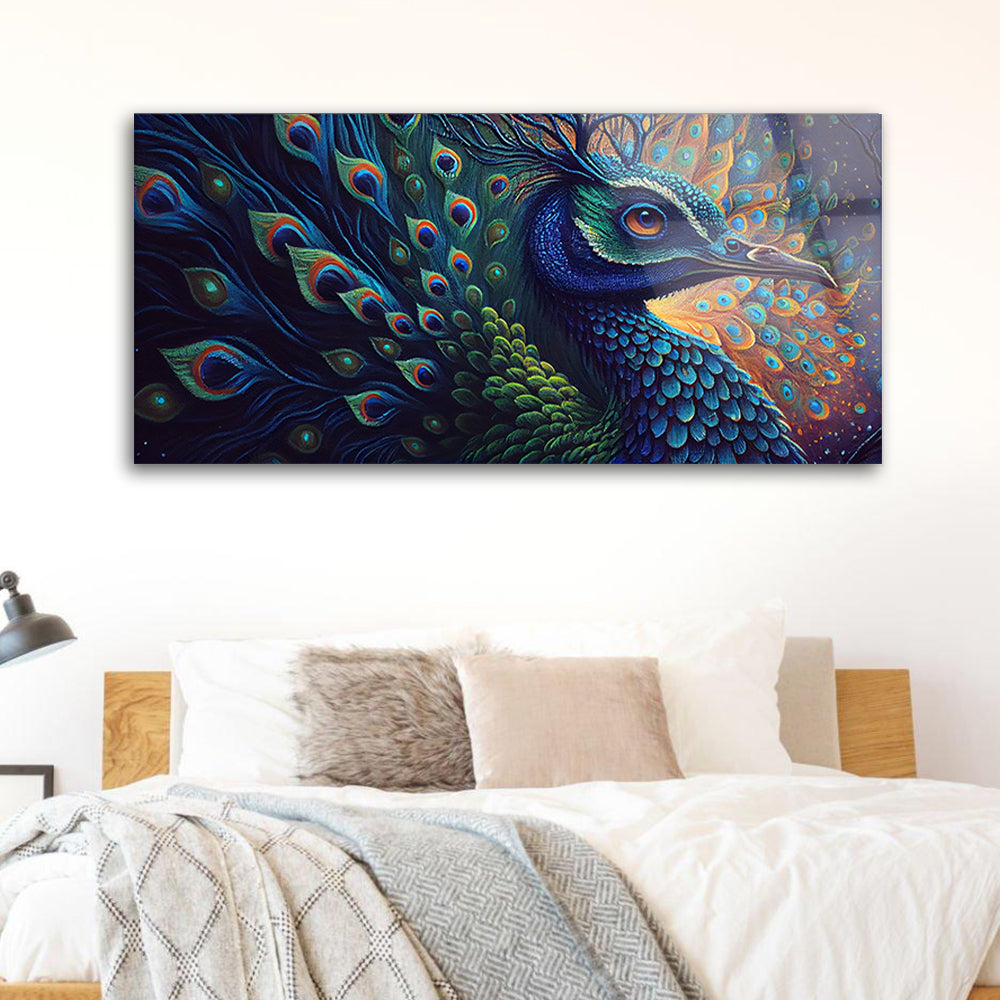 A close up of a peacock with a blue and green feather artistic art