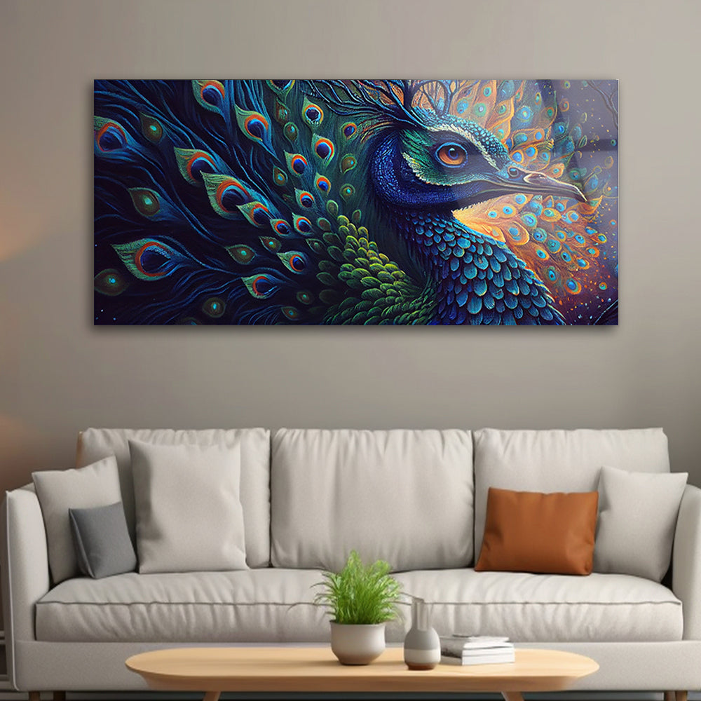 A close up of a peacock with a blue and green feather artistic art