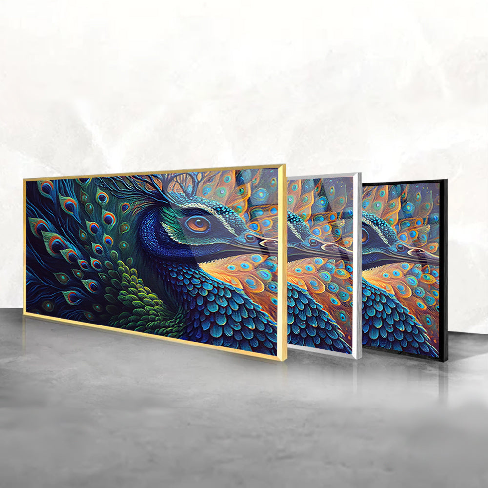 A close up of a peacock with a blue and green feather artistic art