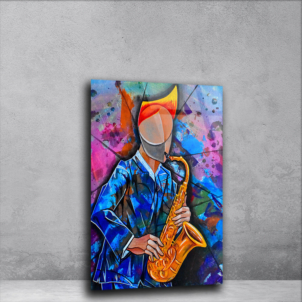 Musical Cubism: Surreal Musician in Cubist Abstract on Glass