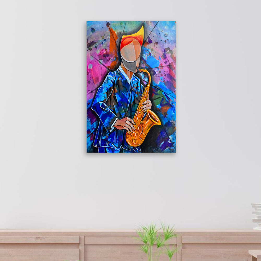 Musical Cubism: Surreal Musician in Cubist Abstract on Glass