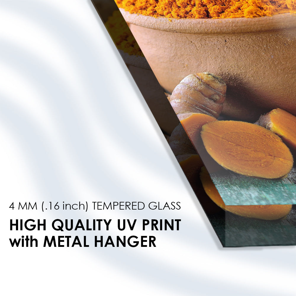 Golden Turmeric Glow: Tempered Glass Kitchen Art Delight