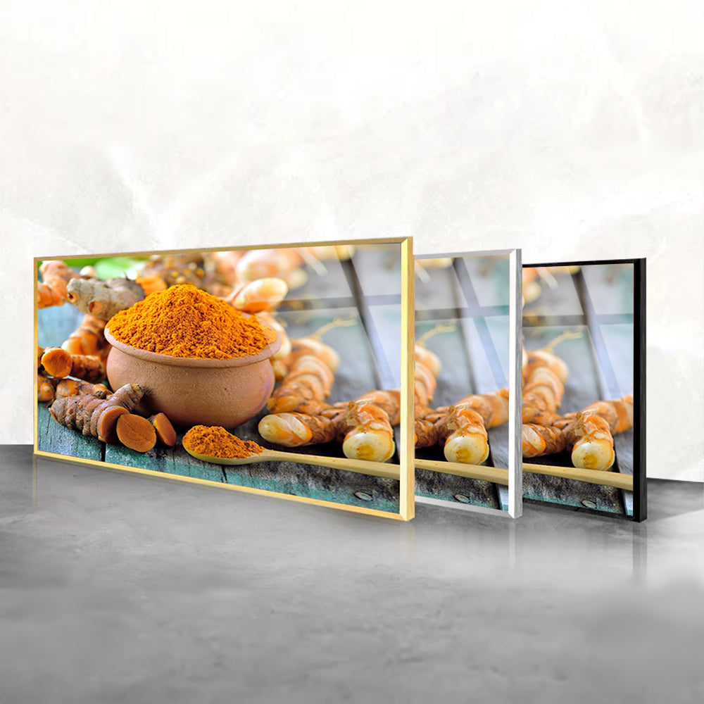 Golden Turmeric Glow: Tempered Glass Kitchen Art Delight