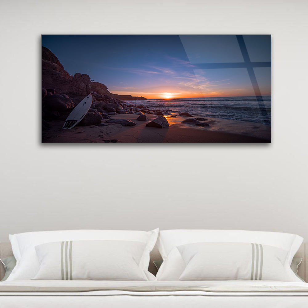 Surfboard Sunset: Coastal Beauty Captured in a Glass Frame