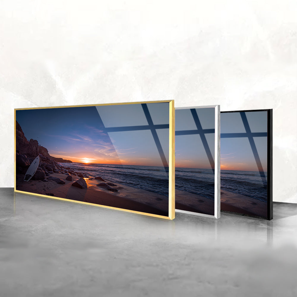 Surfboard Sunset: Coastal Beauty Captured in a Glass Frame