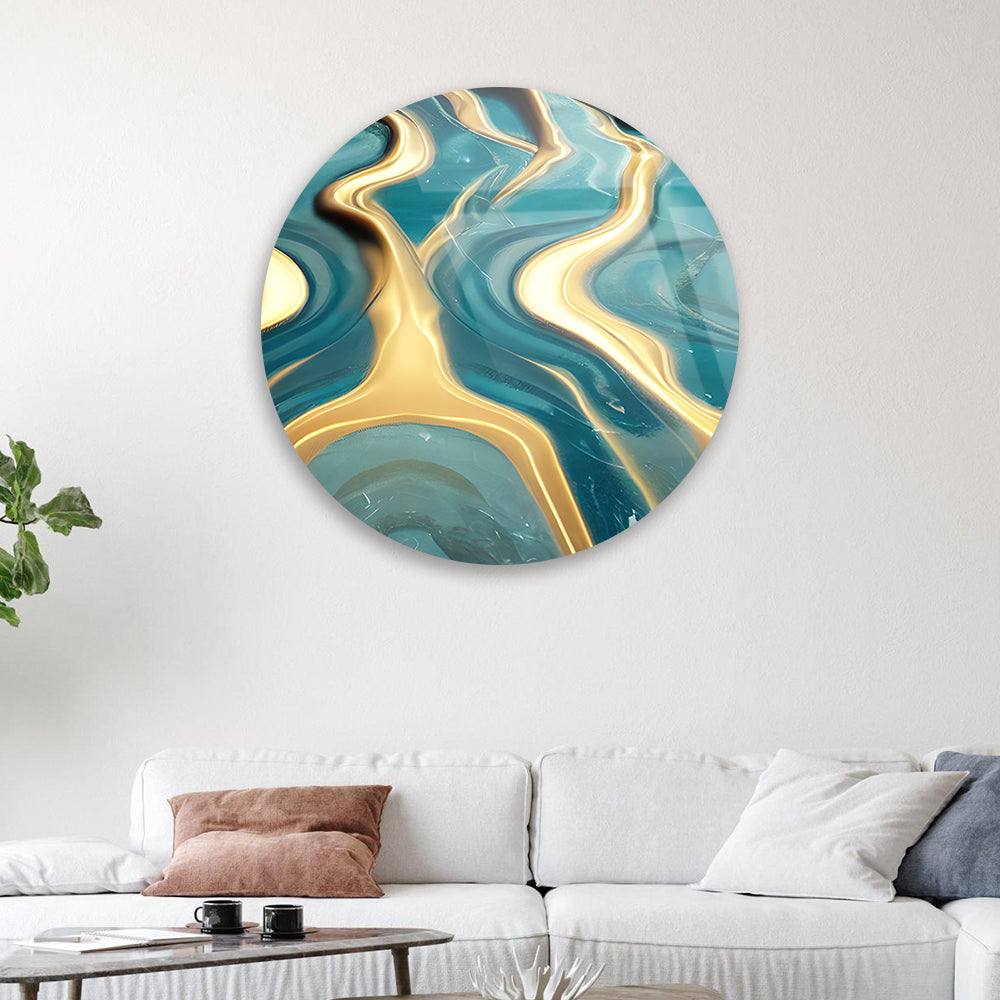 Aquatic Gold Blue Abstract Glass Art