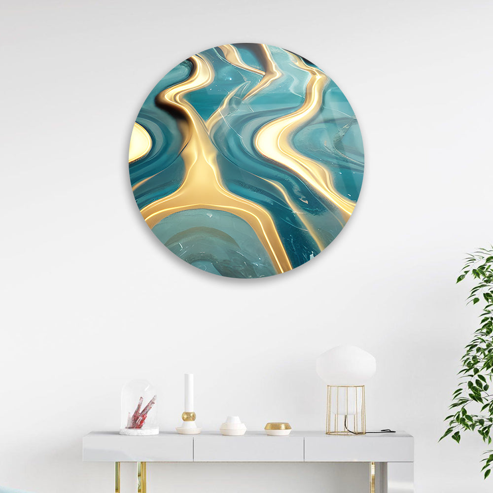 Aquatic Gold Blue Abstract Glass Art