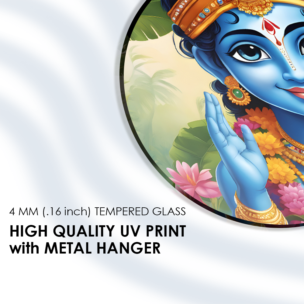 Divine Krishna's Aura: Artistic Lord Krishna Portrait on Tempered Glass