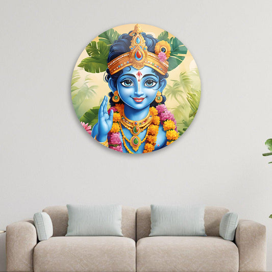 Divine Krishna's Aura: Artistic Lord Krishna Portrait on Tempered Glass