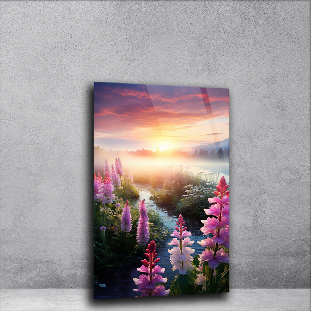 Lupin Sunset Serenade: Flowers and Sunset on Glass