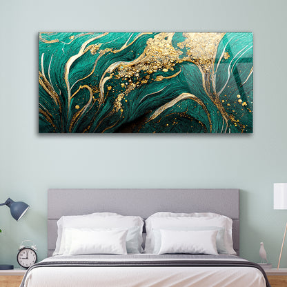 Teal and Gold Ink Spectacle: Abstract Art Unveiled on Glass