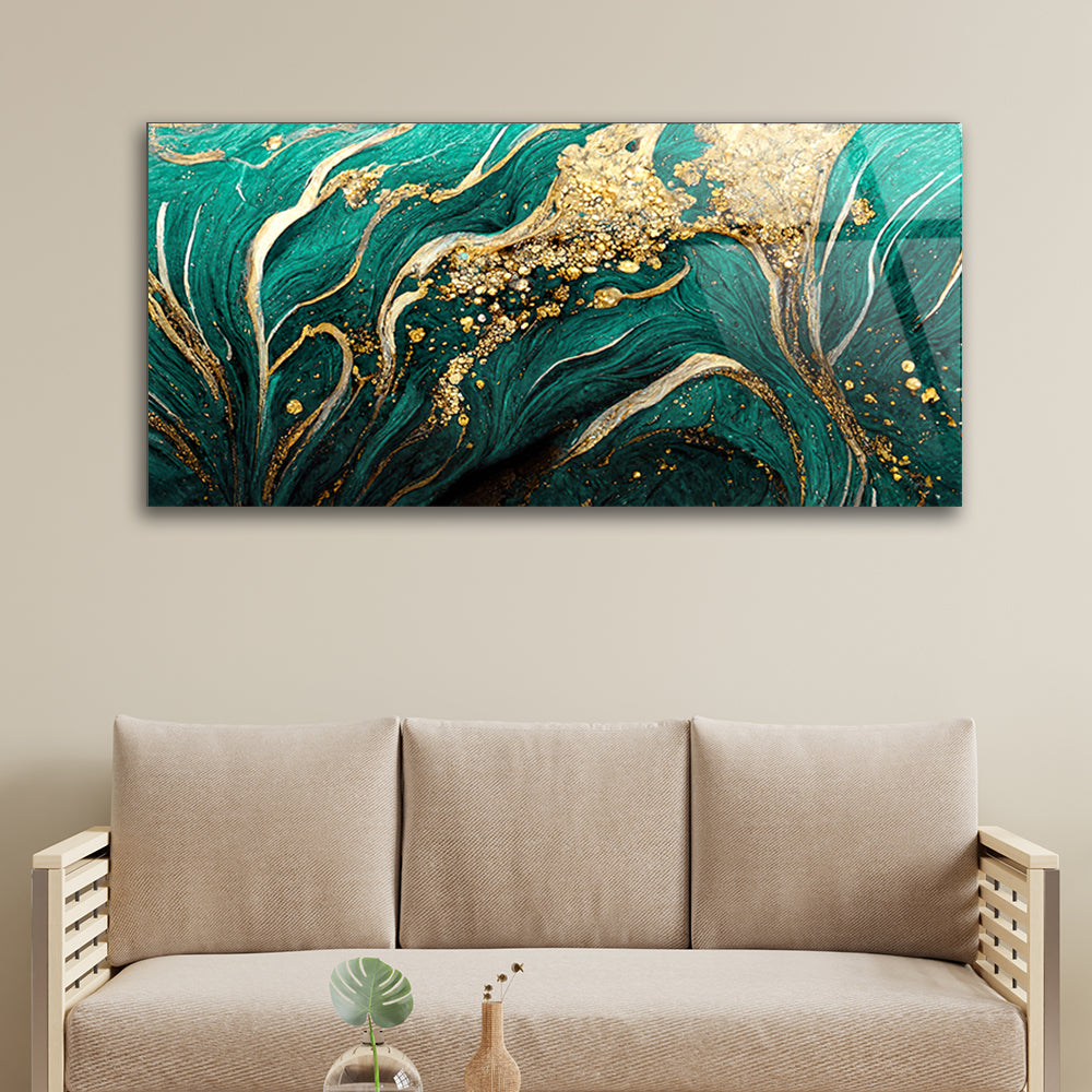 Teal and Gold Ink Spectacle: Abstract Art Unveiled on Glass