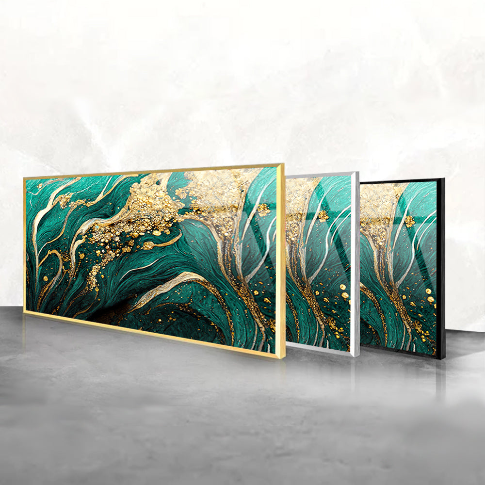 Teal and Gold Ink Spectacle: Abstract Art Unveiled on Glass